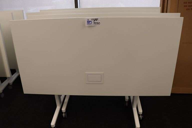 Times 4 - Senator Array 30" x 60" portable white laminate flip top tables with electrical plug ins - 1 power cord runs 4 stations in series