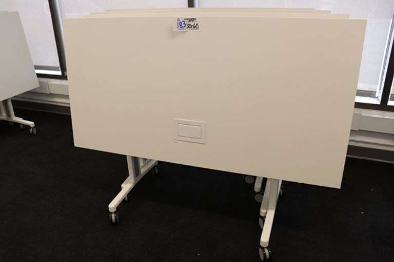 Times 4 - Senator Array 30" x 60" portable white laminate flip top tables with electrical plug ins - 1 power cord runs 4 stations in series