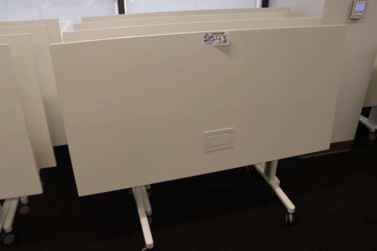 Times 4 - Senator Array 30" x 60" portable white laminate flip top tables with electrical plug ins - 1 power cord runs 4 stations in series