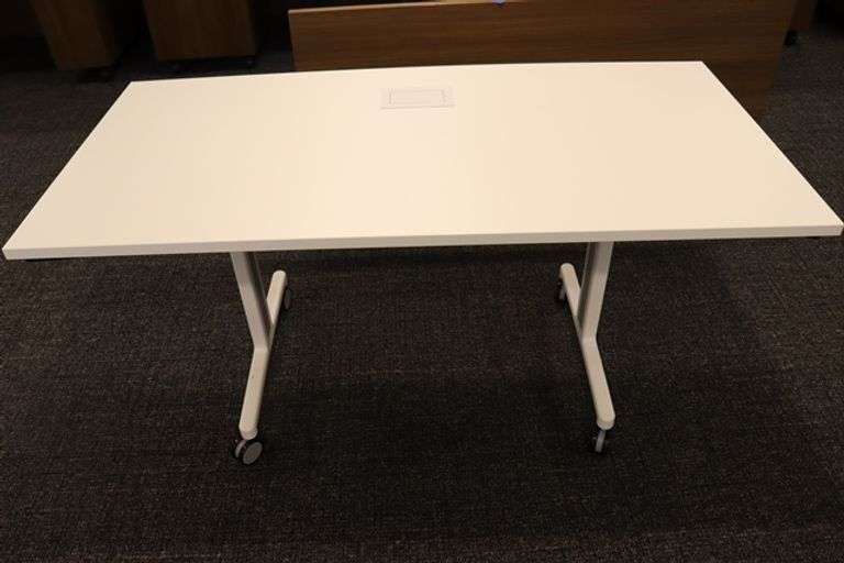 Times 4 - Senator Array 30" x 60" portable white laminate flip top tables with electrical plug ins - 1 power cord runs 4 stations in series