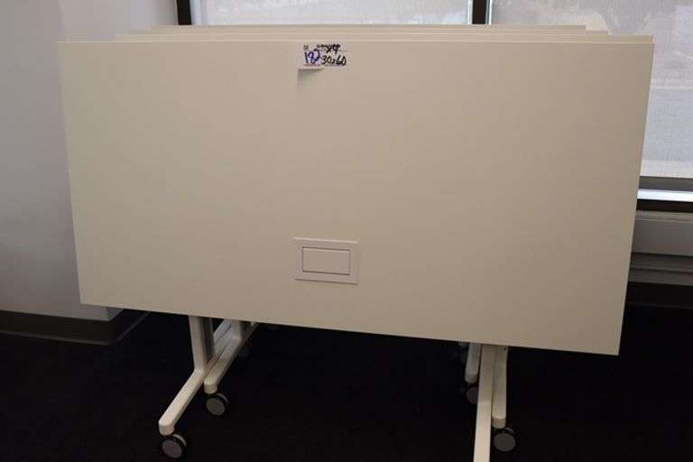 Times 4 - Senator Array 30" x 60" portable white laminate flip top tables with electrical plug ins - 1 power cord runs 4 stations in series