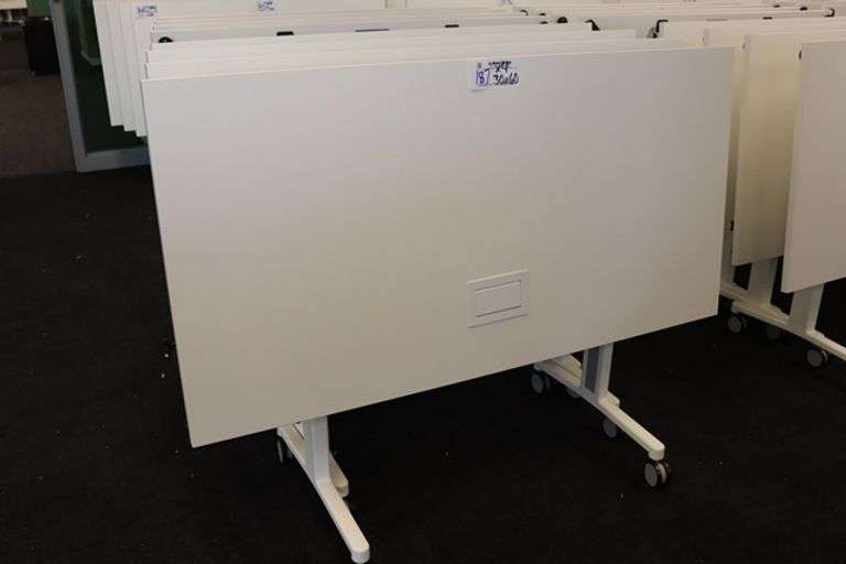 Times 4 - Senator Array 30" x 60" portable white laminate flip top tables with electrical plug ins - 1 power cord runs 4 stations in series