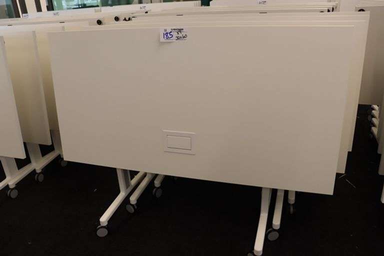 Times 4 - Senator Array 30" x 60" portable white laminate flip top tables with electrical plug ins - 1 power cord runs 4 stations in series