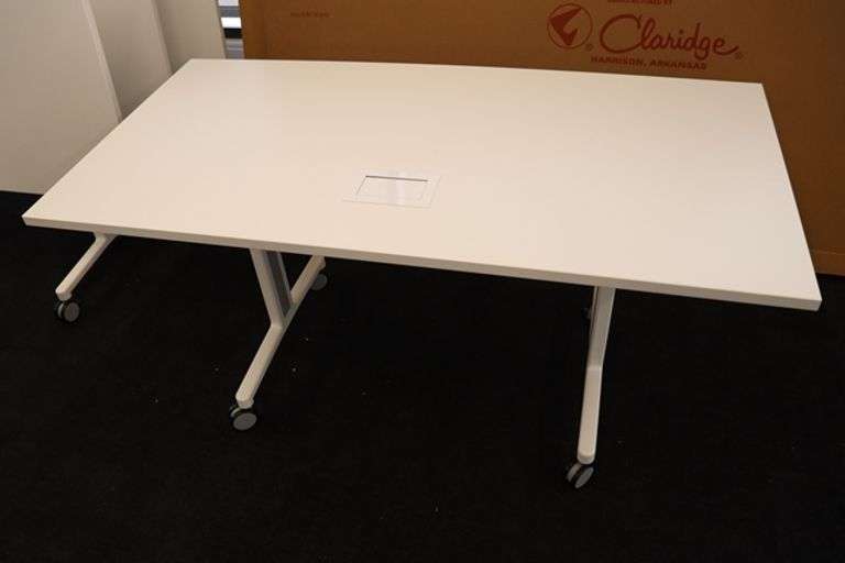 Times 4 - Senator Array 30" x 60" portable white laminate flip top tables with electrical plug ins - 1 power cord runs 4 stations in series