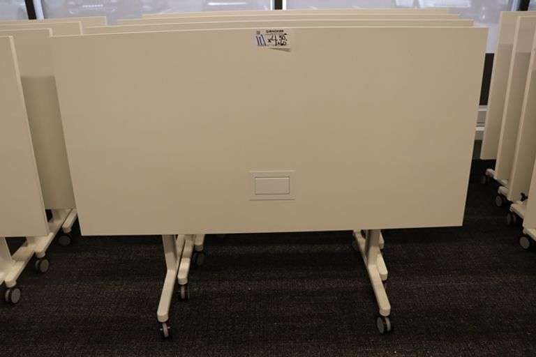 Times 4 - Senator Array 30" x 60" portable white laminate flip top tables with electrical plug ins - 1 power cord runs 4 stations in series