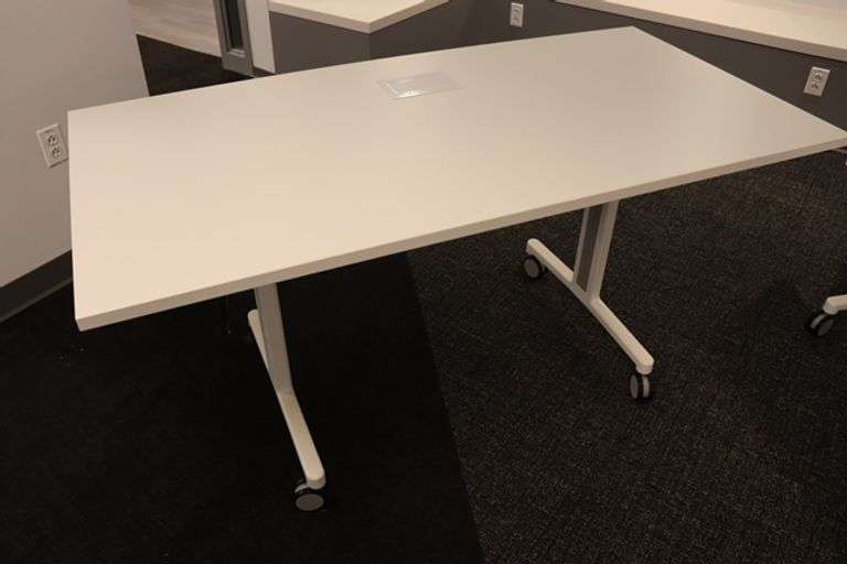 Times 4 - Senator Array 30" x 60" portable white laminate flip top tables with electrical plug ins - 1 power cord runs 4 stations in series