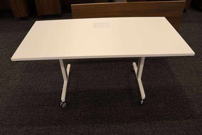 Times 4 - Senator Array 30" x 60" portable white laminate flip top tables with electrical plug ins - 1 power cord runs 4 stations in series