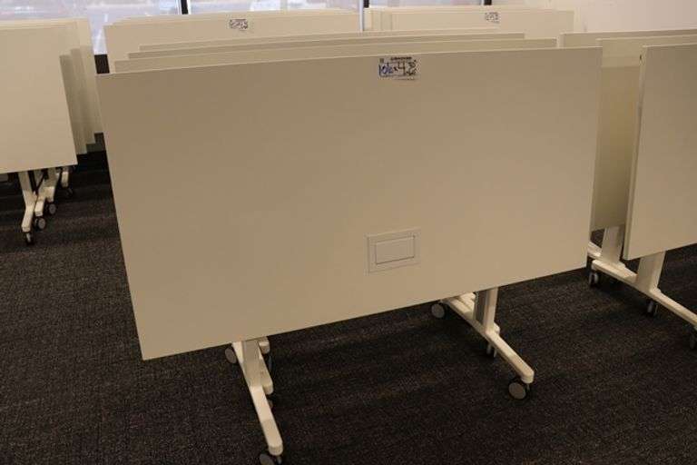 Times 4 - Senator Array 30" x 60" portable white laminate flip top tables with electrical plug ins - 1 power cord runs 4 stations in series