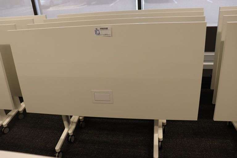 Times 4 - Senator Array 30" x 60" portable white laminate flip top tables with electrical plug ins - 1 power cord runs 4 stations in series