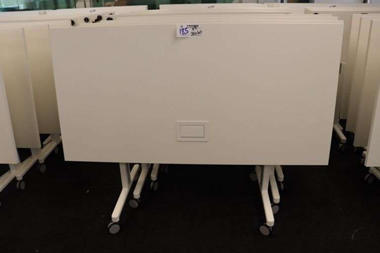 Times 4 - Senator Array 30" x 60" portable white laminate flip top tables with electrical plug ins - 1 power cord runs 4 stations in series