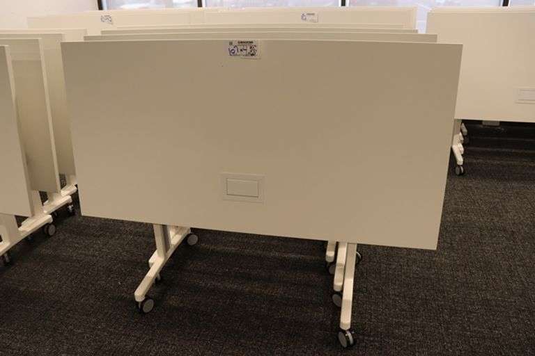 Times 4 - Senator Array 30" x 60" portable white laminate flip top tables with electrical plug ins - 1 power cord runs 4 stations in series
