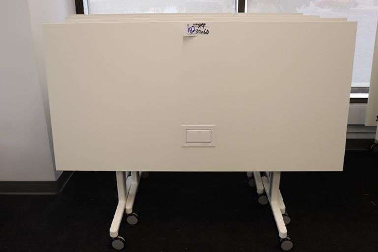 Times 4 - Senator Array 30" x 60" portable white laminate flip top tables with electrical plug ins - 1 power cord runs 4 stations in series