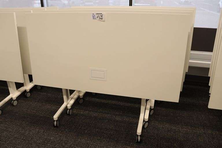 Times 4 - Senator Array 30" x 60" portable white laminate flip top tables with electrical plug ins - 1 power cord runs 4 stations in series
