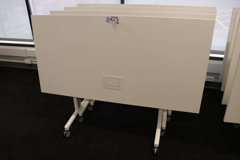 Times 4 - Senator Array 30" x 60" portable white laminate flip top tables with electrical plug ins - 1 power cord runs 4 stations in series
