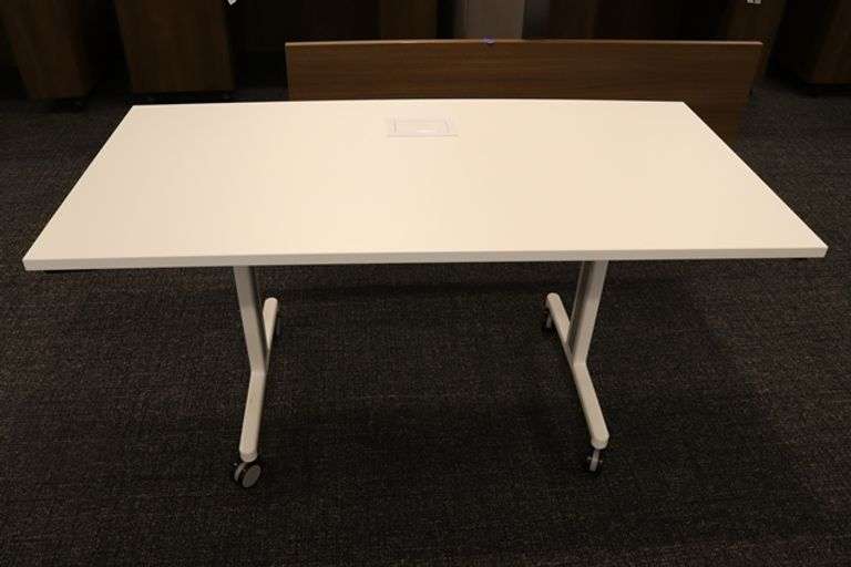 Times 4 - Senator Array 30" x 60" portable white laminate flip top tables with electrical plug ins - 1 power cord runs 4 stations in series