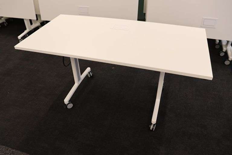 Times 4 - Senator Array 30" x 60" portable white laminate flip top tables with electrical plug ins - 1 power cord runs 4 stations in series