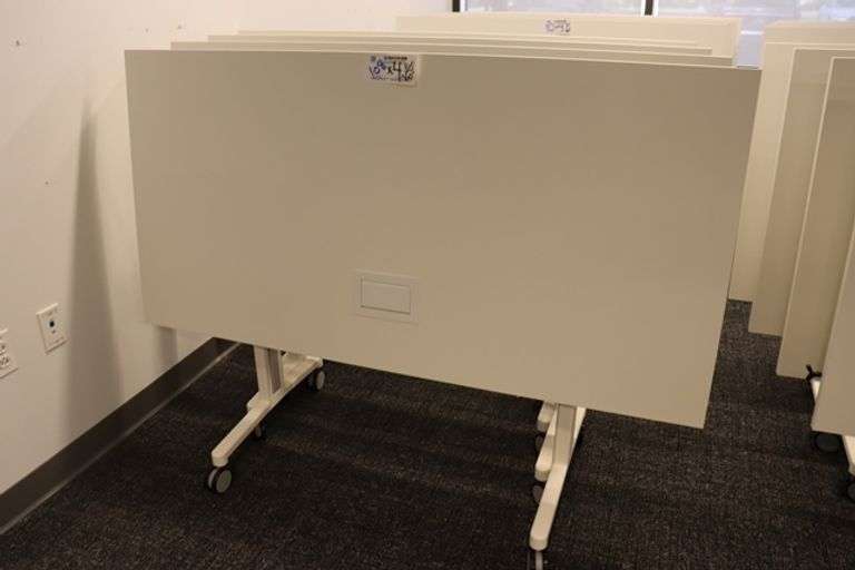 Times 4 - Senator Array 30" x 60" portable white laminate flip top tables with electrical plug ins - 1 power cord runs 4 stations in series