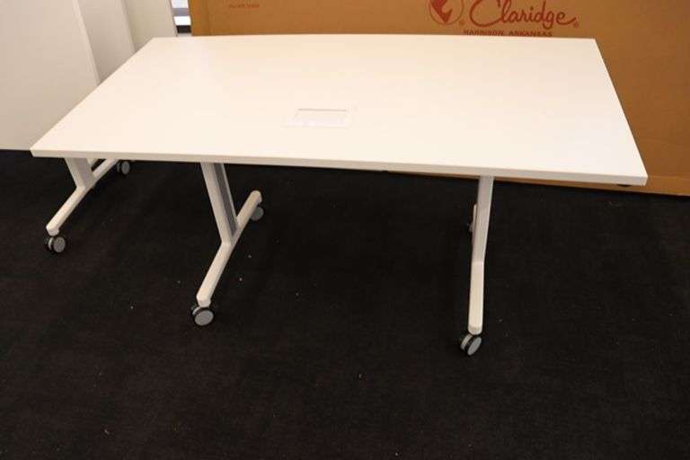 Times 4 - Senator Array 30" x 60" portable white laminate flip top tables with electrical plug ins - 1 power cord runs 4 stations in series