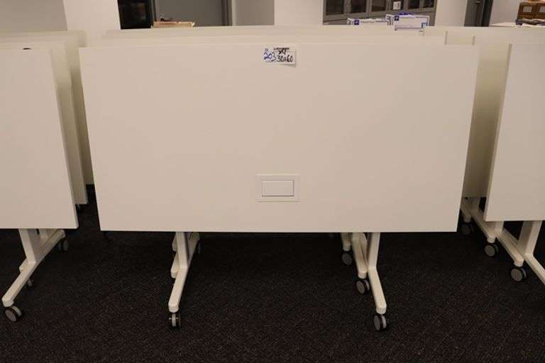 Times 4 - Senator Array 30" x 60" portable white laminate flip top tables with electrical plug ins - 1 power cord runs 4 stations in series
