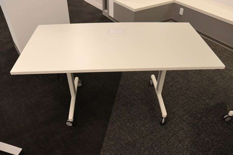 Times 4 - Senator Array 30" x 60" portable white laminate flip top tables with electrical plug ins - 1 power cord runs 4 stations in series