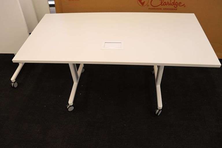 Times 4 - Senator Array 30" x 60" portable white laminate flip top tables with electrical plug ins - 1 power cord runs 4 stations in series