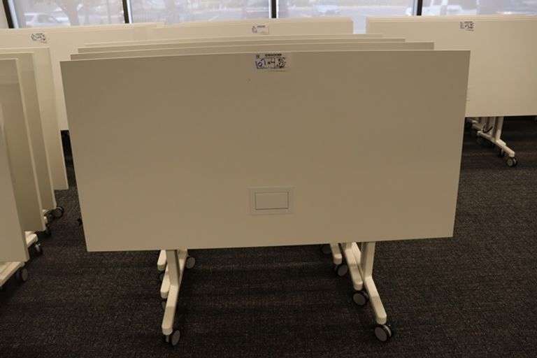 Times 4 - Senator Array 30" x 60" portable white laminate flip top tables with electrical plug ins - 1 power cord runs 4 stations in series