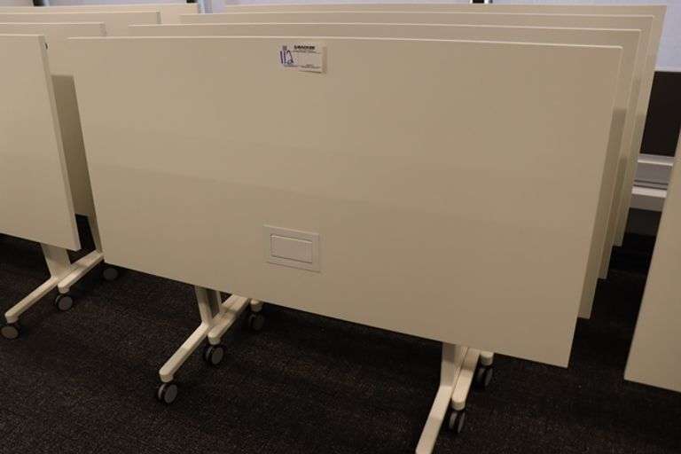 Times 4 - Senator Array 30" x 60" portable white laminate flip top tables with electrical plug ins - 1 power cord runs 4 stations in series