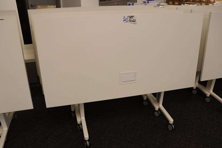 Times 4 - Senator Array 30" x 60" portable white laminate flip top tables with electrical plug ins - 1 power cord runs 4 stations in series