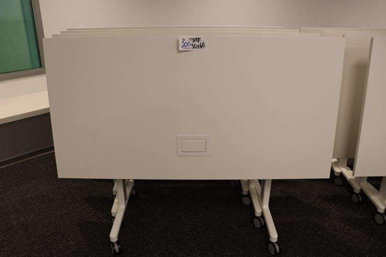 Times 4 - Senator Array 30" x 60" portable white laminate flip top tables with electrical plug ins - 1 power cord runs 4 stations in series