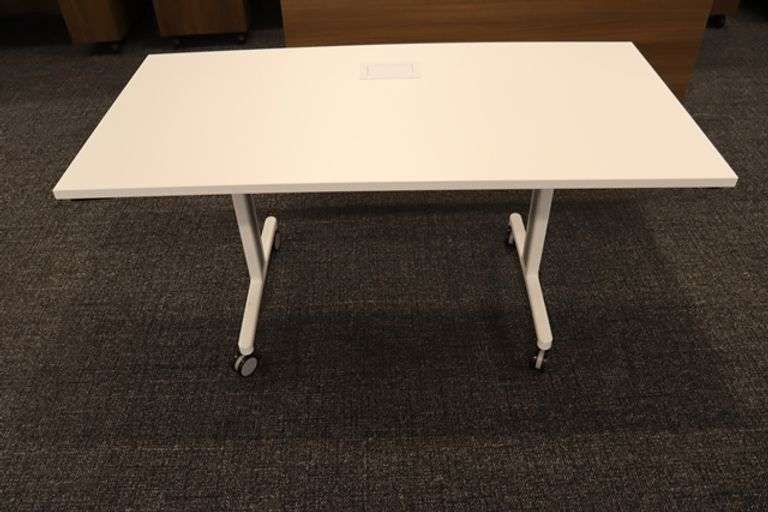 Times 4 - Senator Array 30" x 60" portable white laminate flip top tables with electrical plug ins - 1 power cord runs 4 stations in series