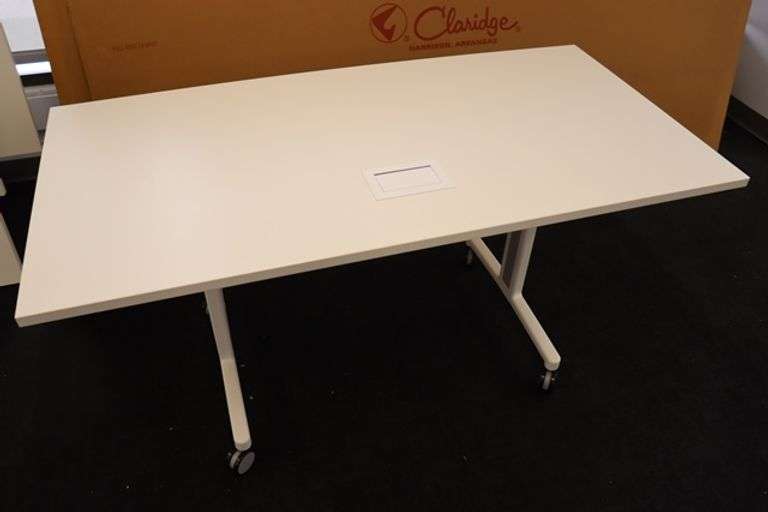 Times 4 - Senator Array 30" x 60" portable white laminate flip top tables with electrical plug ins - 1 power cord runs 4 stations in series