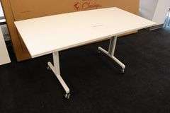 Times 4 - Senator Array 30" x 60" portable white laminate flip top tables with electrical plug ins - 1 power cord runs 4 stations in series
