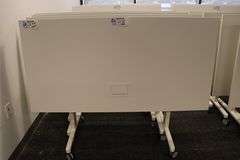 Times 4 - Senator Array 30" x 60" portable white laminate flip top tables with electrical plug ins - 1 power cord runs 4 stations in series