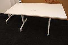 Times 4 - Senator Array 30" x 60" portable white laminate flip top tables with electrical plug ins - 1 power cord runs 4 stations in series
