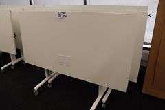 Times 4 - Senator Array 30" x 60" portable white laminate flip top tables with electrical plug ins - 1 power cord runs 4 stations in series