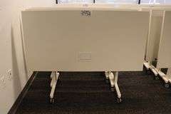 Times 4 - Senator Array 30" x 60" portable white laminate flip top tables with electrical plug ins - 1 power cord runs 4 stations in series