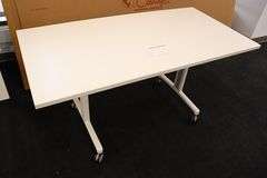 Times 4 - Senator Array 30" x 60" portable white laminate flip top tables with electrical plug ins - 1 power cord runs 4 stations in series