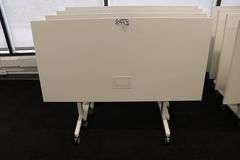 Times 4 - Senator Array 30" x 60" portable white laminate flip top tables with electrical plug ins - 1 power cord runs 4 stations in series