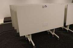Times 4 - Senator Array 30" x 60" portable white laminate flip top tables with electrical plug ins - 1 power cord runs 4 stations in series
