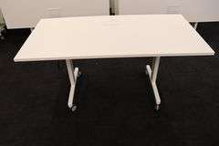 Times 4 - Senator Array 30" x 60" portable white laminate flip top tables with electrical plug ins - 1 power cord runs 4 stations in series