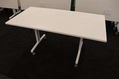 Times 4 - Senator Array 30" x 60" portable white laminate flip top tables with electrical plug ins - 1 power cord runs 4 stations in series