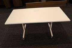 Times 4 - Senator Array 30" x 60" portable white laminate flip top tables with electrical plug ins - 1 power cord runs 4 stations in series