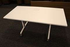 Times 4 - Senator Array 30" x 60" portable white laminate flip top tables with electrical plug ins - 1 power cord runs 4 stations in series