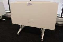 Times 4 - Senator Array 30" x 60" portable white laminate flip top tables with electrical plug ins - 1 power cord runs 4 stations in series