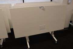 Times 4 - Senator Array 30" x 60" portable white laminate flip top tables with electrical plug ins - 1 power cord runs 4 stations in series