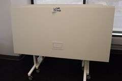 Times 4 - Senator Array 30" x 60" portable white laminate flip top tables with electrical plug ins - 1 power cord runs 4 stations in series