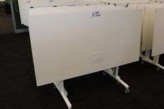 Times 4 - Senator Array 30" x 60" portable white laminate flip top tables with electrical plug ins - 1 power cord runs 4 stations in series