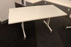 Times 4 - Senator Array 30" x 60" portable white laminate flip top tables with electrical plug ins - 1 power cord runs 4 stations in series