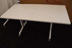 Times 4 - Senator Array 30" x 60" portable white laminate flip top tables with electrical plug ins - 1 power cord runs 4 stations in series