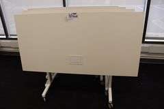 Times 4 - Senator Array 30" x 60" portable white laminate flip top tables with electrical plug ins - 1 power cord runs 4 stations in series